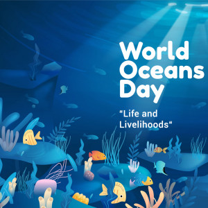 Illustration for World Oceans Day with marine life and text.