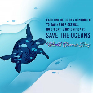 Illustration of a sea turtle swimming in ocean waves with text promoting ocean conservation.