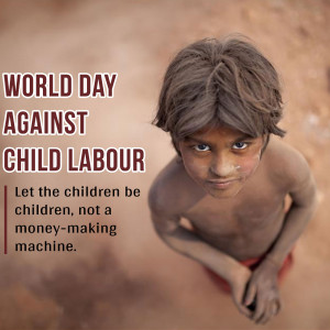 A portrait of a young child with a message against child labor.