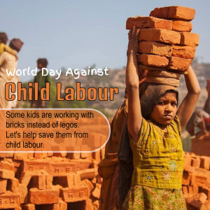 A young girl carrying bricks on her head, symbolizing child labor.