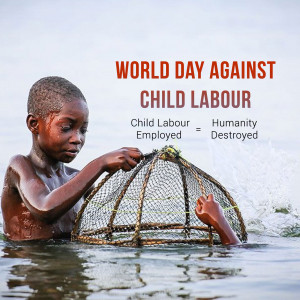 A young boy working with a fishing net in water, symbolizing child labor.