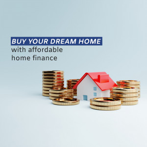 Image depicting a house on a stack of gold coins with text 'Buy Your Dream Home with affordable home finance'