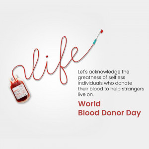 Image depicting a blood bag with the word 'life' written in a blood stream, promoting World Blood Donor Day.