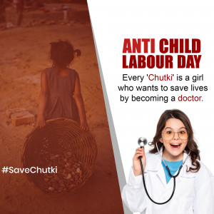 Image depicting the contrast between child labor and a child's potential. A girl carrying a basket is juxtaposed with a girl dressed as a doctor.