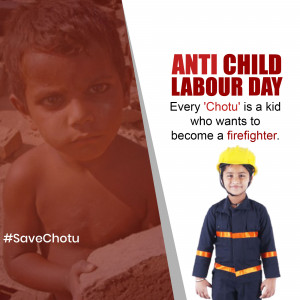 Image depicting the contrast between a child laborer and a child aspiring to be a firefighter, promoting Anti Child Labour Day.