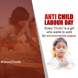 Image depicting a call to end child labour, featuring a girl working and a girl planting a tree.
