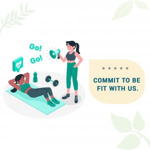 Illustration of a fitness trainer motivating a woman doing sit-ups with dumbbells nearby.