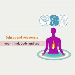 Illustration of a person meditating with icons representing mind, body, and soul.