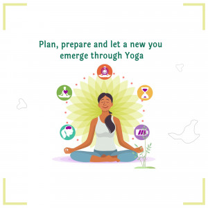 Woman meditating in lotus position surrounded by symbols of growth and well-being.