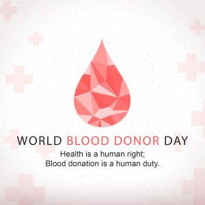 World Blood Donor Day graphic with a blood drop and red cross symbols