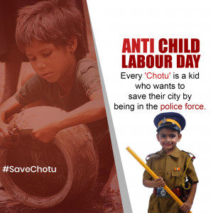 Image depicting a child working and a child in a police uniform, promoting Anti Child Labour Day.