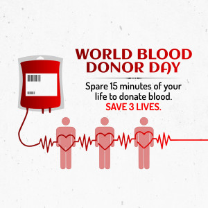 Image promoting World Blood Donor Day with a blood bag and silhouettes of people with heart-shaped chests.