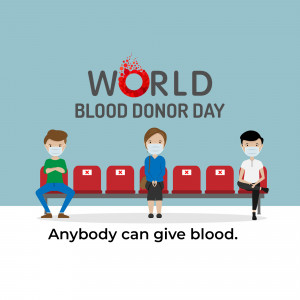 Illustration of people wearing masks and waiting to donate blood on World Blood Donor Day.