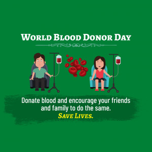 Illustration of people donating blood with the text 'World Blood Donor Day'