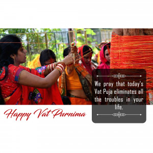 A woman performing Vat Purnima puja with other women in the background and a festive greeting.