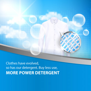 Image of a white shirt with bubbles and a detergent pack, promoting a powerful cleaning solution.