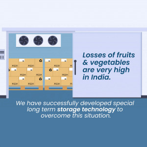 Illustration of a cold storage room with boxes of produce and text about reducing food loss in India.