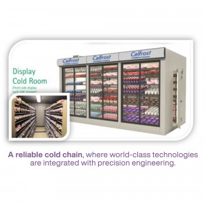 Cellfrost display cold room with multiple refrigeration units showcasing various beverages and products.