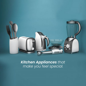 A collection of modern kitchen appliances including a toaster, kettle, blender, and hand blender.