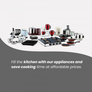Assortment of kitchen appliances including cooktops, mixers, kettles, and cookware.