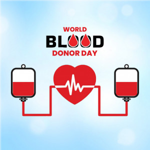 World Blood Donor Day graphic with blood bags and a heart