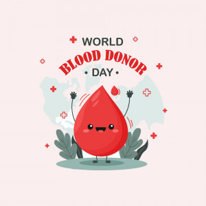 Cute cartoon blood drop celebrating World Blood Donor Day with a world map background.