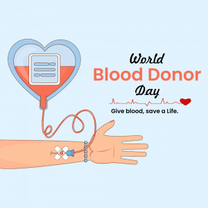 Illustration depicting a blood bag connected to an arm, promoting World Blood Donor Day.