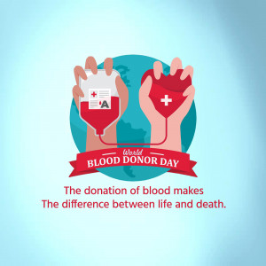 Illustration of hands holding blood bags with a World Blood Donor Day banner.