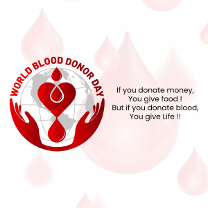 World Blood Donor Day poster with a heart and hands holding the globe