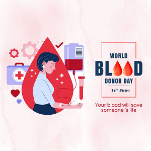 Illustration of a woman donating blood with blood drop and medical equipment