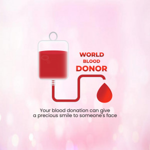 Illustration of a blood bag with the text 'World Blood Donor' and a message about the impact of blood donation.