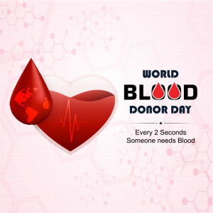 World Blood Donor Day poster with a blood drop and heart illustration.