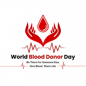 World Blood Donor Day graphic with hands cradling a blood drop and a heartbeat line.