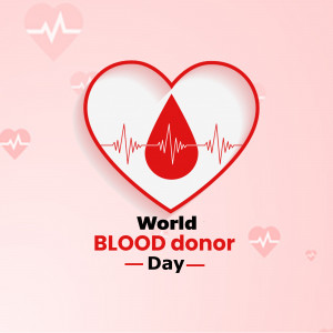 World Blood Donor Day awareness poster with a heart and blood drop symbol.