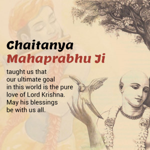 Image of Chaitanya Mahaprabhu Ji with a dove and text about Krishna's love.