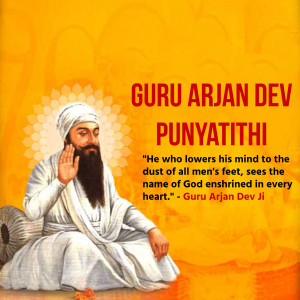 Portrait of Guru Arjan Dev with text commemorating his Punyatithi