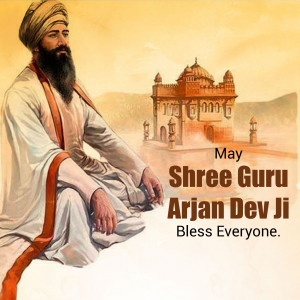 Portrait of Guru Arjan Dev Ji with the Golden Temple in the background
