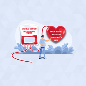 Illustration promoting World Blood Donor Day with a blood bag and a healthcare worker.