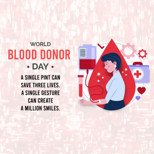 Illustration for World Blood Donor Day featuring a woman donating blood with medical icons and a blood drop.