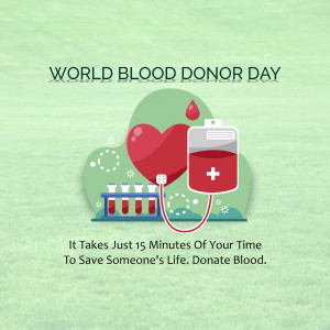 Illustration promoting World Blood Donor Day with a blood bag and heart.