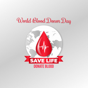 World Blood Donor Day graphic with a blood drop over a world map and a heartbeat line.