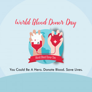 Image promoting World Blood Donor Day with hands holding blood bags.
