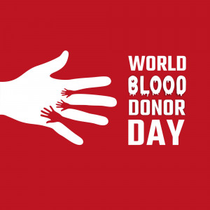 Image promoting World Blood Donor Day with a hand and blood drop design.