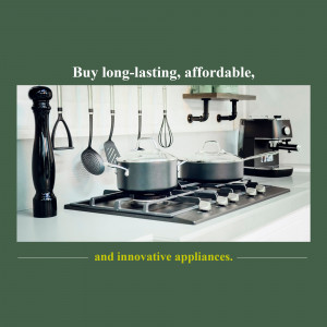 A kitchen scene with cookware and appliances, promoting affordable options.