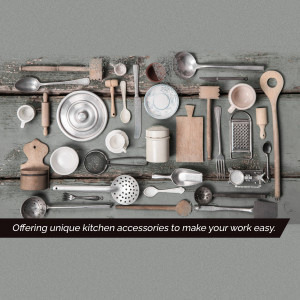 Flat lay of various vintage and modern kitchen tools and accessories on a wooden surface.