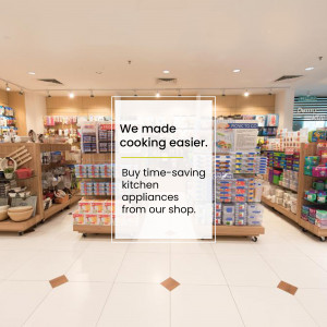 Interior view of a store with a promotional banner for kitchen appliances.
