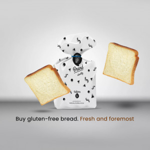 A mockup of gluten-free bread packaging with slices of bread.