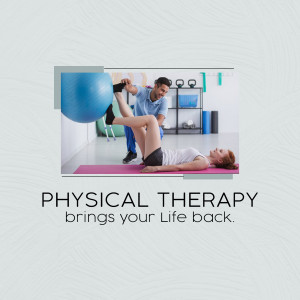 A physical therapist assisting a woman with an exercise using a blue exercise ball.