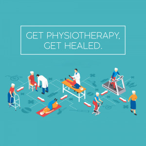 Isometric illustration of physiotherapy sessions with elderly patients.