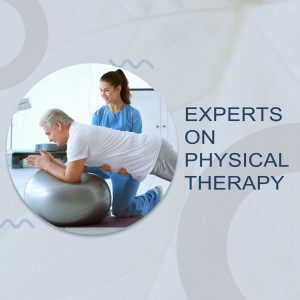 A physical therapist assisting a senior patient with an exercise on a stability ball.